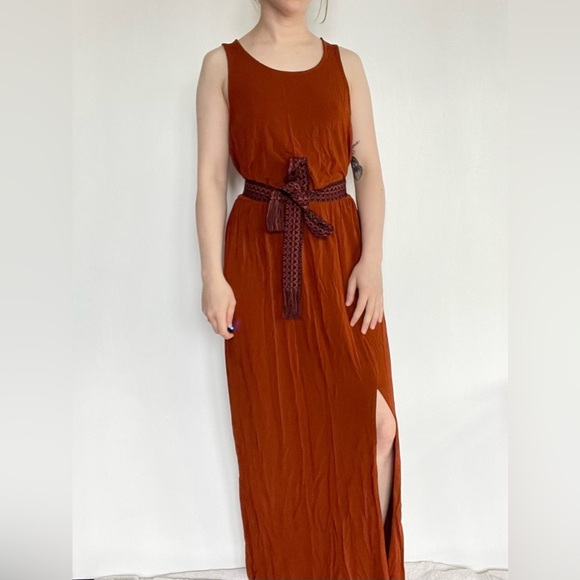 MARELLA Maxi Dress Burnt Orange Sleeveless Side Slit Belted Summer Sundress S - Picture 1 of 12